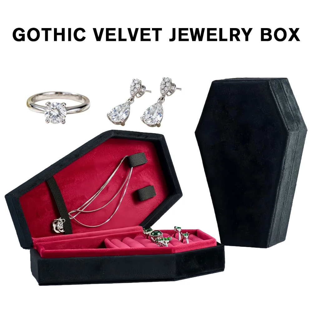 

Jewelry Storage Box | Retro Gothic Coffin Shape Jewelry Box | Velvet Vampire Ring Necklace Storage Case – Travel Storage Box
