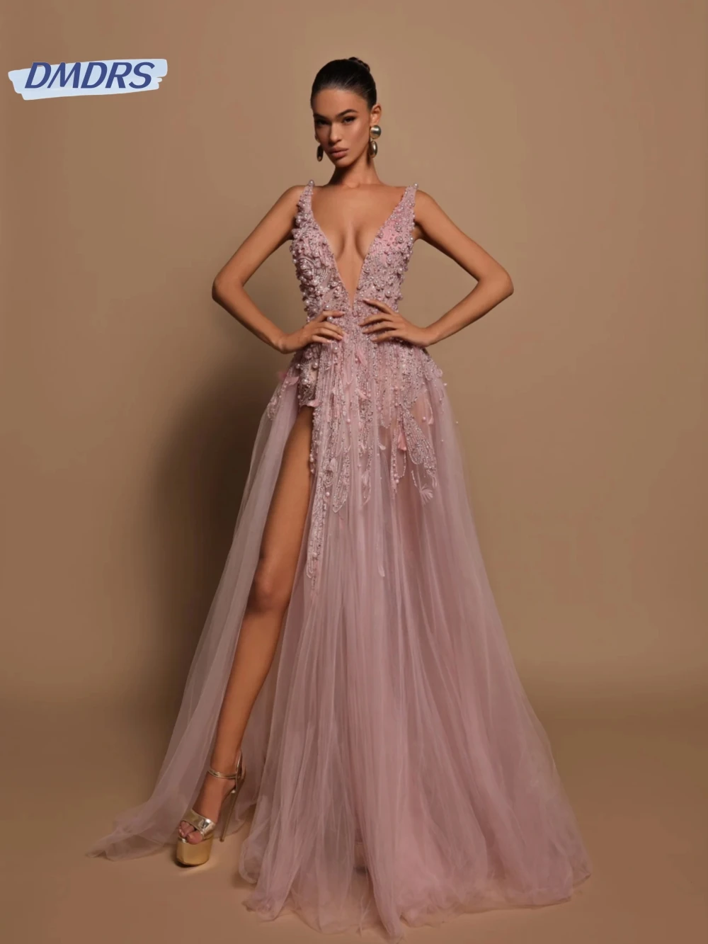 

Sexy Deep V-neck High Slit Evening Dress Shiny Beads Pearls Prom Gown Luxury Tulle Cocktail Dresses Customized Robe De Mariée