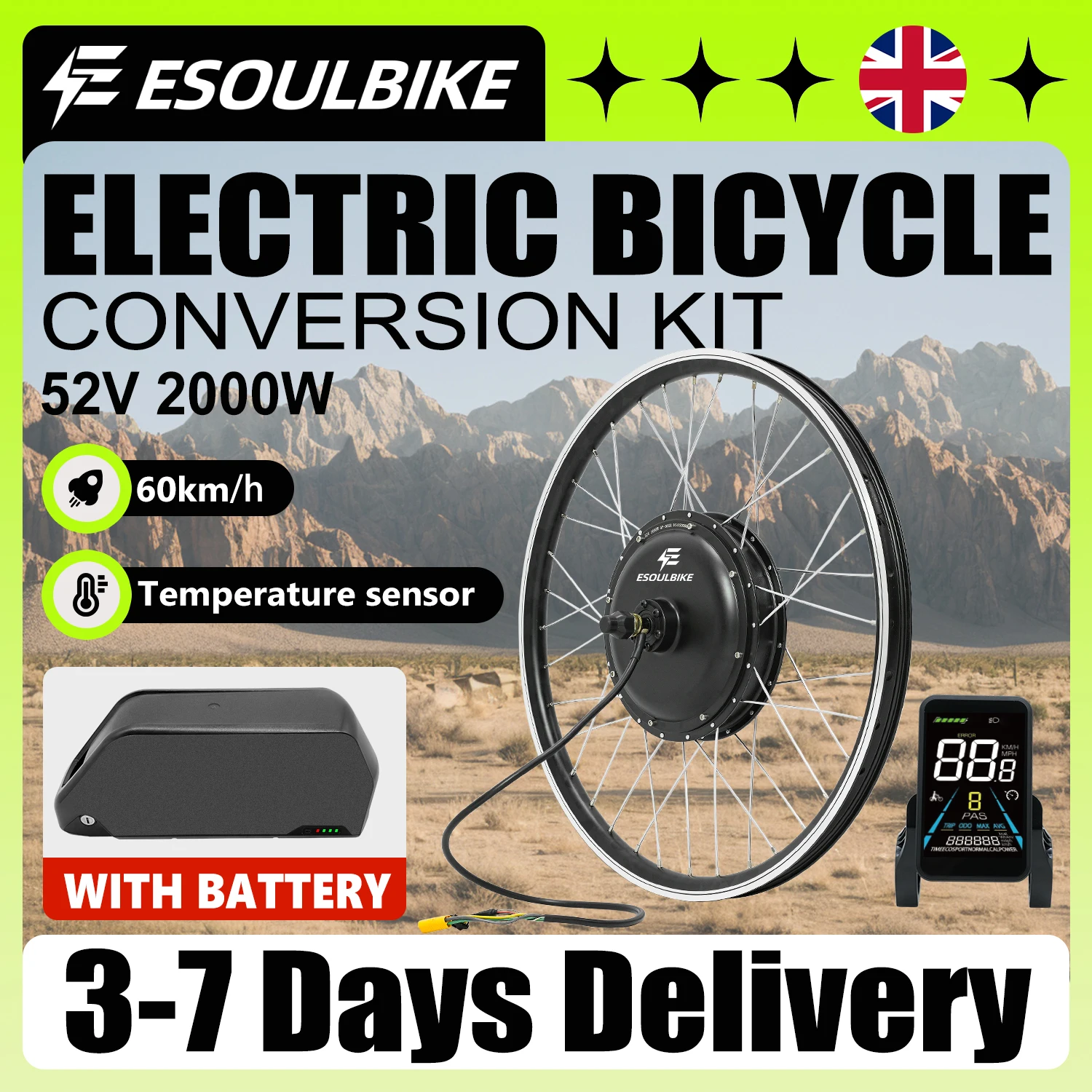 ESOULBIKE 52V 2000W Ebike Kit Wheel Hub Motor Rear Dirve Electric Bike Conversion Kit 26 27.5 28 29 700C with Tube 20Ah Battery