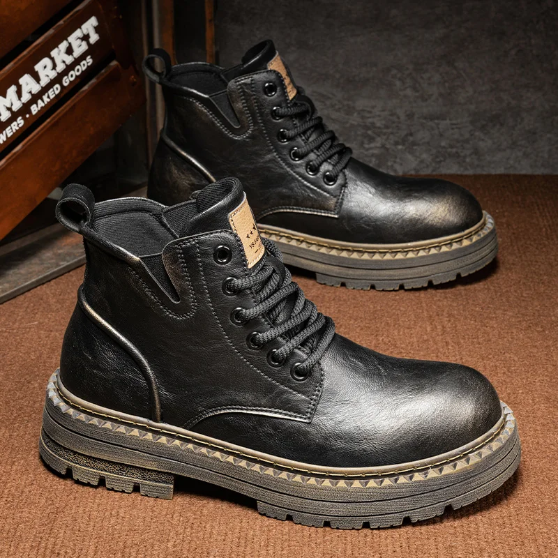 

Men's High-Top Boots Casual Leather Motorcycle Waterproof Work Boots British Style Retro Summer Fashion Boots