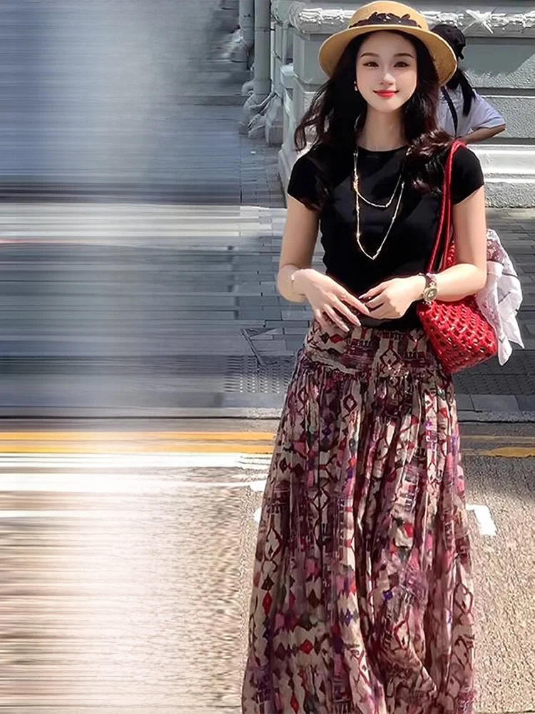 

Beautify n Fem Faion Willa Linen Printed Long Skirt Sli Personali Meat Covered f Bust High Waist Loose F...