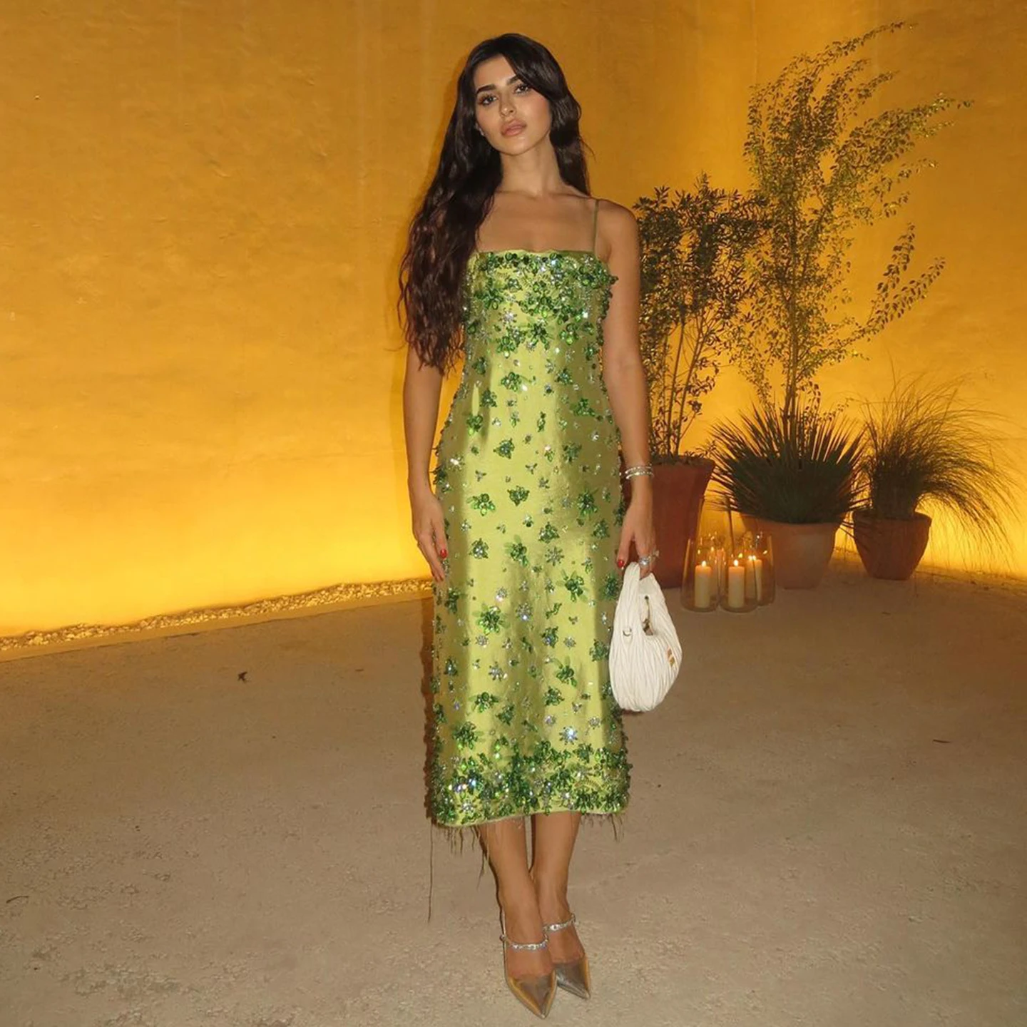 

Sharon Said Luxury 3D Floral Beaded Short Green Evening Dresses Spaghetti Sheath Midi Women Wedding Party Gowns SS233 Customized