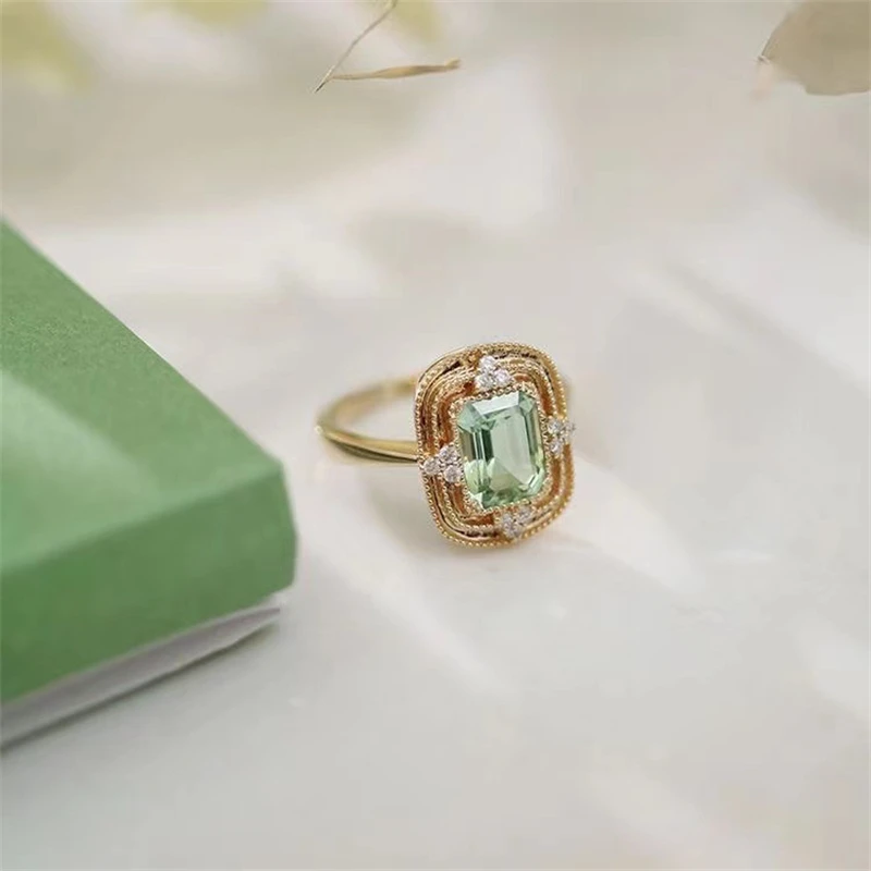 French Vintage Green Zircon Geometric Ring Women Fashion Stainless Steel Adjustable Ring Jewelry Accessories Anniversary Gift