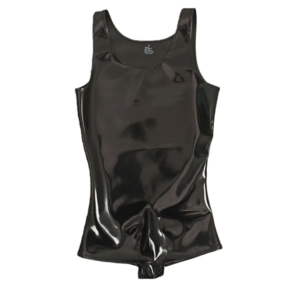 

Plus Size Men Cloth Latex PU Leather Stage Sleeveless Bodysuit Bulge Pouch Underwear Sissy Slim Tank Tops Clubwear