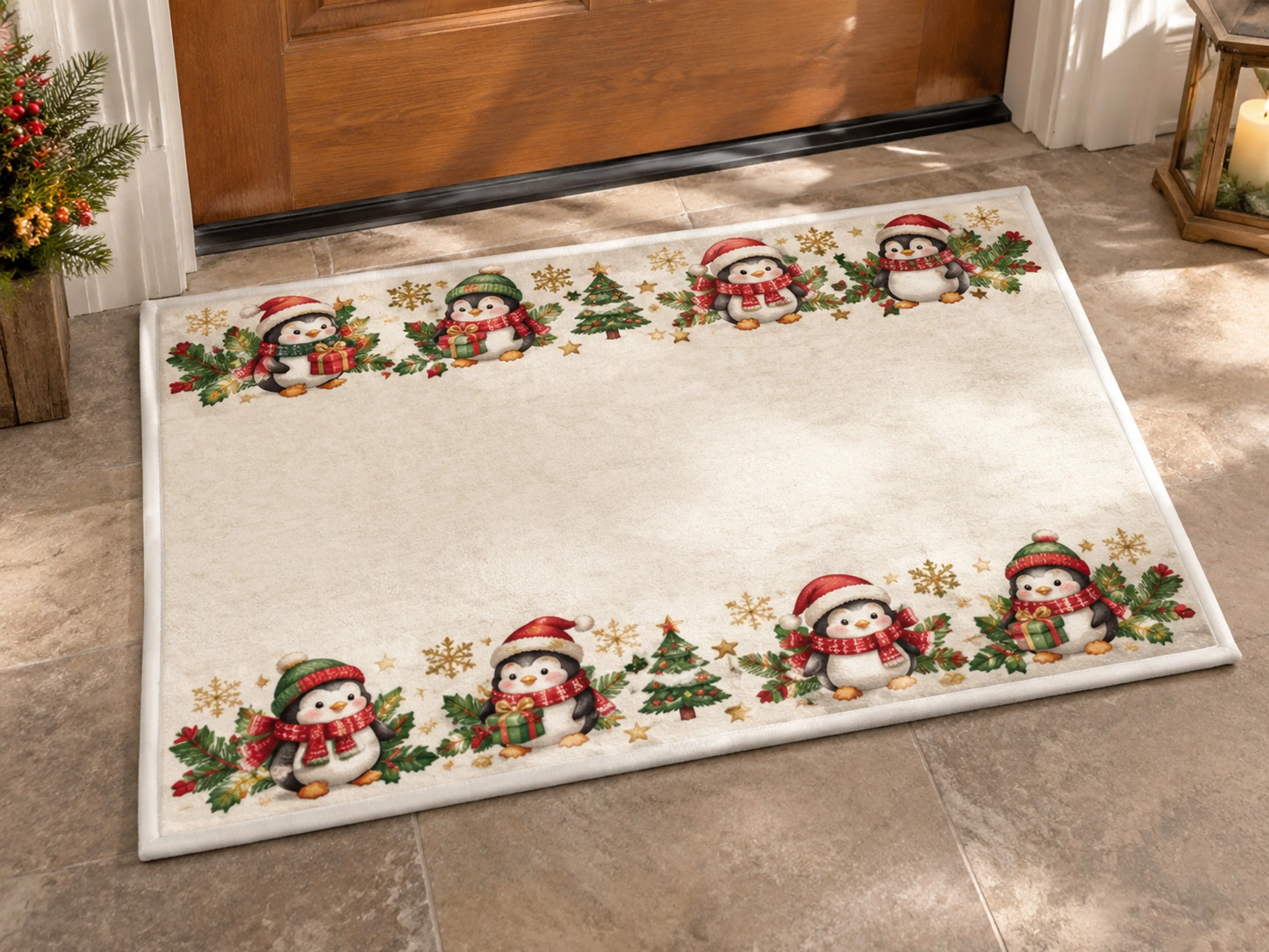 VIKAMA Christmas Gold White Penguin Flannel Door Mat, Anti-Slip Washable Xmas Rug, Xmas Decor for Mudroom, Farmhouse, Entryway