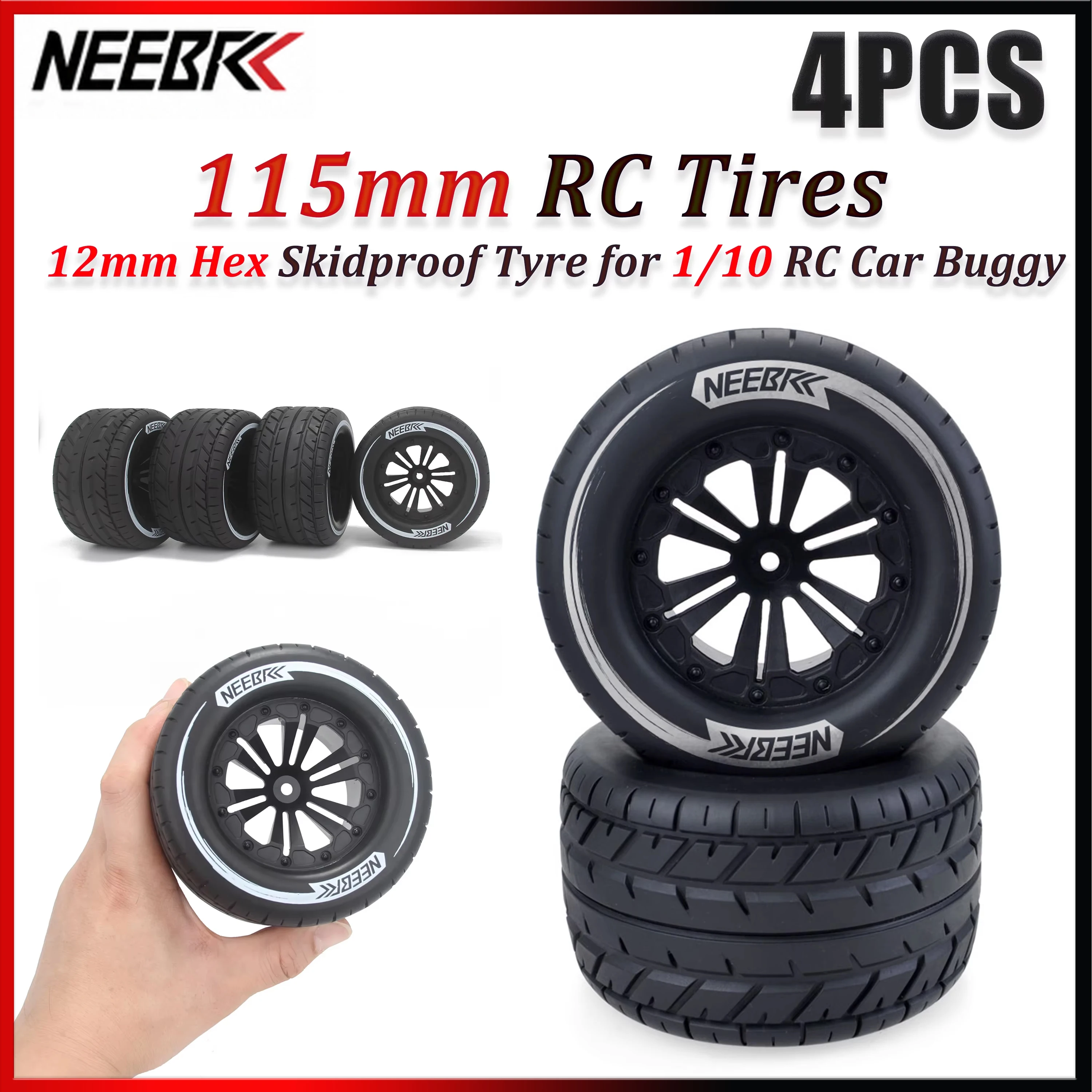 4PCS 115mm Skidproof RC Tires 12mm Hex Hub Wheel Tyre for 1/10 RC Car Buggy Monster Truck HPI HSP Savage XS TM Flux LRP Parts