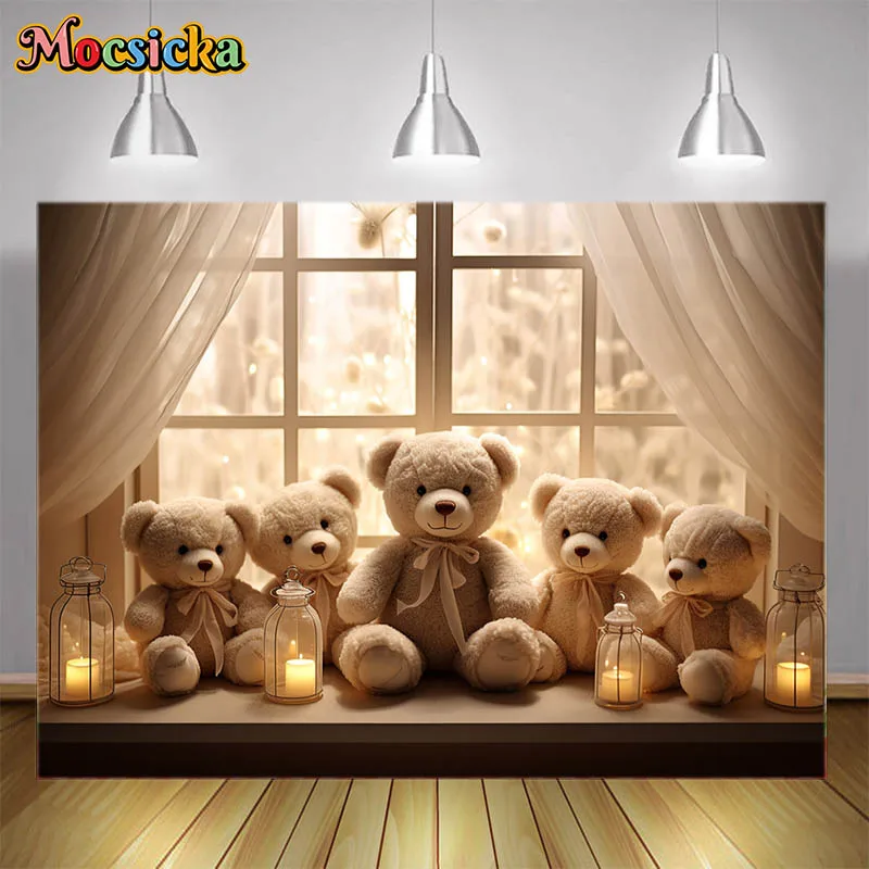 Ours devant la fenêtre pour la photographie, toile de fond, étoile, décor ci-après les, nouveau-né, 1er anniversaire, arrière-plan photo, accessoires de studio pour enfants