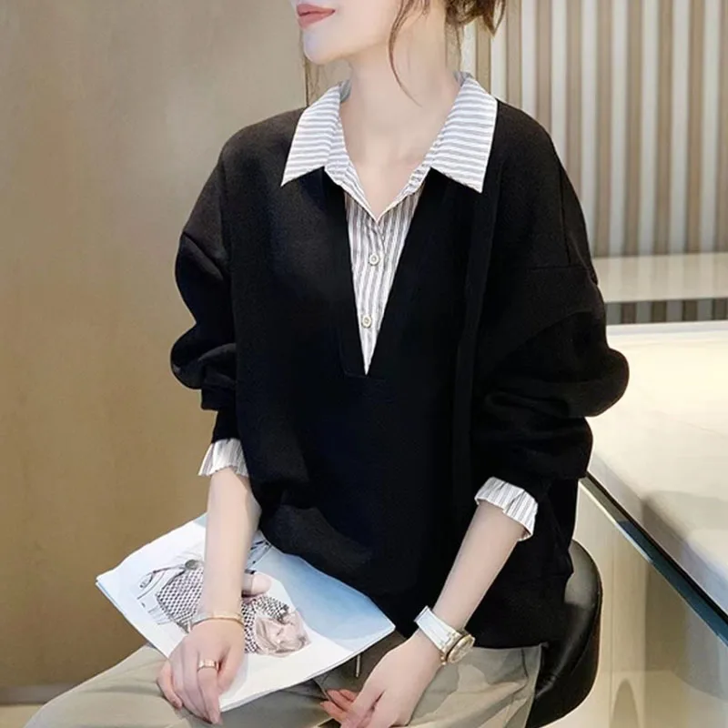 New Spring Fashion European Stripe Splice Fake Two Piece Loose and Versatile Western Style Slim Women's Long Sleeve Sweater