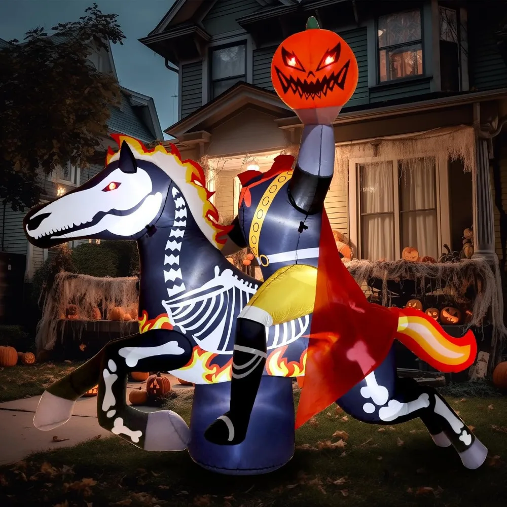 

9 Ft Halloween Inflatable Headless Horseman Outdoor Decorations, Day of The Dead Blow Up Yard Decor with Built-in LED Light Lawn