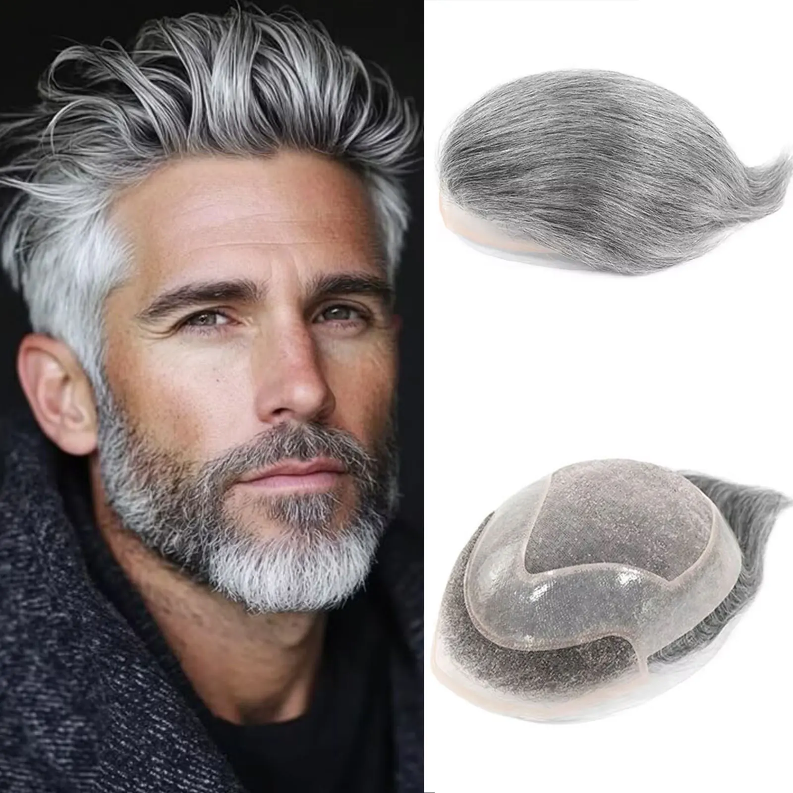 

# 1B40/ # 1В60/ # 1B80 Серый Мужской Парик Система Замены Волос Человеческий Шиньон Назад Стиль Моно ПУ Дышащий Парик Фронта Шнурка Мужской Парик