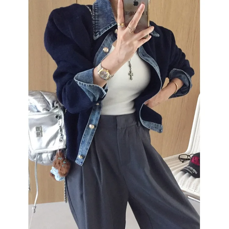 Korean Style Denim  Neck Splicing Knitted Sweater Women's Open Cardigan Outerwear Autumn Winter Design Button up Top