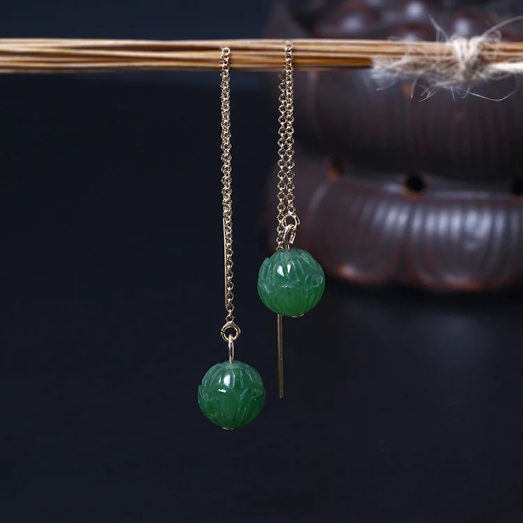 

Позолоченные 4 карата, минималистичные и модные ушные линии нефритового лотоса, персонализированные китайские длинные зеленые серьги, высококачественные и элегантные