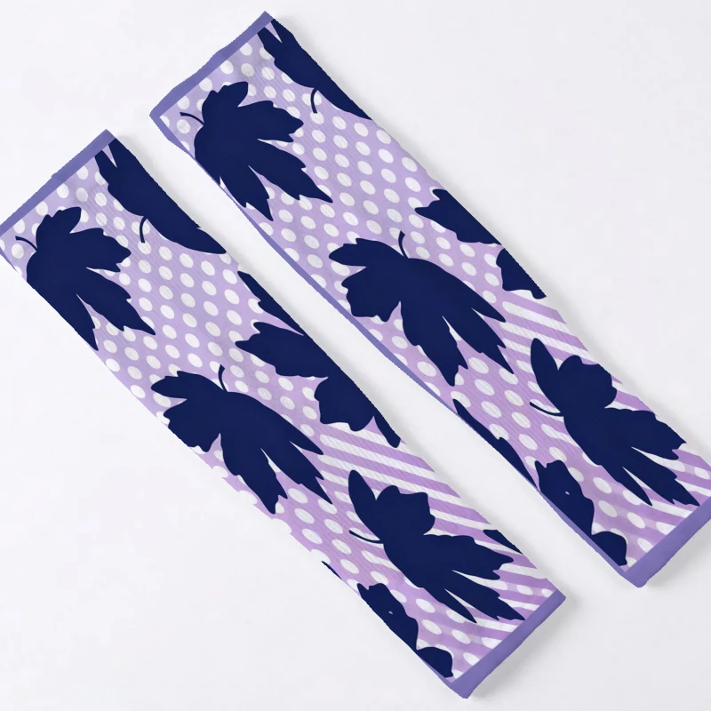 Unisex Cooling Arm Sleeves with a Purple Base Featuring Dark Blue Leaf Patterns, White Dots, and Striped Accents