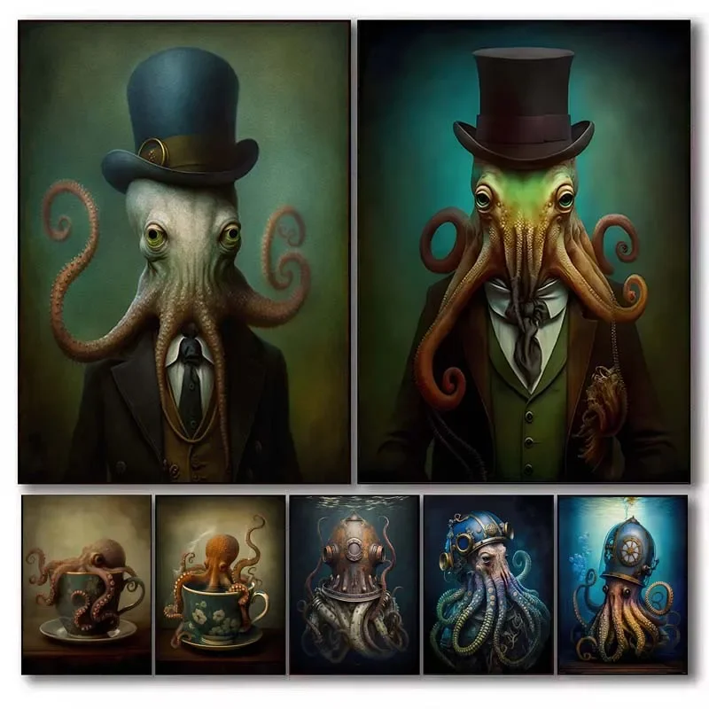 Retro-Oktopus mit Zylinderhut und Kraken-Meeres-Taucher-Leinwandgemälde, Vintage-Wandkunst-Poster-Druck, Ozean-Tier-Kunstbild-Dekoration