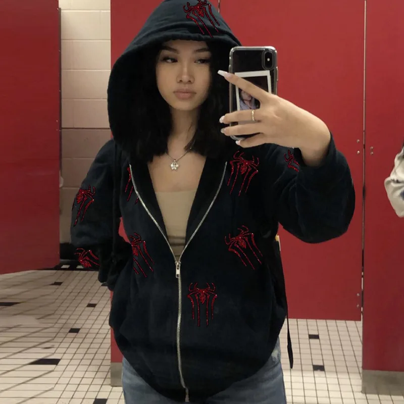 2026 신상 여성 후드티 거미줄 레드 라인스톤 지퍼업 고딕 힙합 재킷 남성용 할로윈 스트리트웨어 Y2K 의류