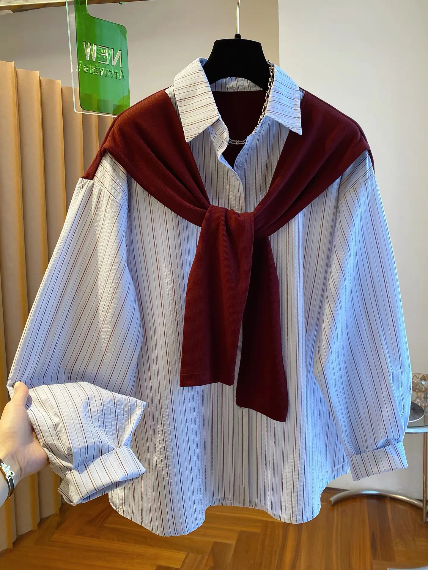

Casual Style Pure Cotton Long Sleeve Women's Shirt Fake Two-Piece Striped Loose Fit Breathable Casual Wear for Autumn 2025