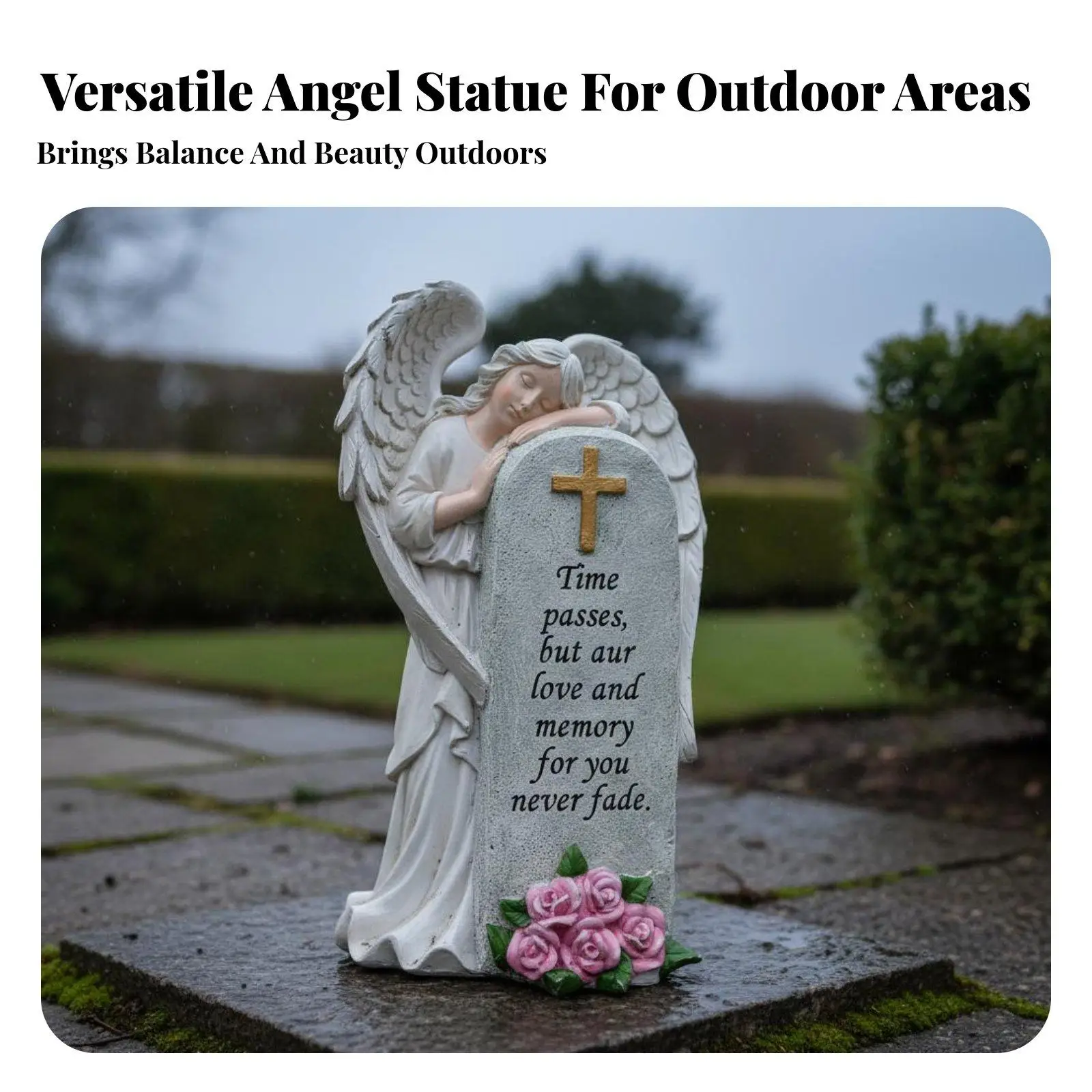 Memorial Angel Tombstone Figurine Weather-Resistant Resin Remembrance Angel with Cross Statue Sympathy Gift Outdoor Decor for