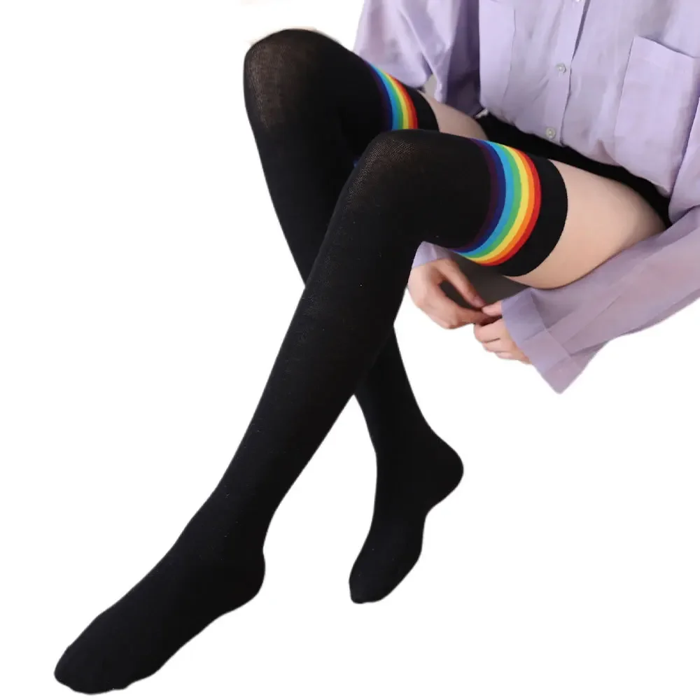 Womens Thigh High Stockings Rainbow Striped Ladies Girls Black White Long Winter Over Above Knee Socks blue Y2k Japanese Style