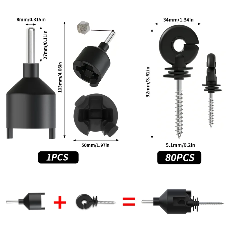 80Pcs Electric Fence Insulators  1 Installation Tool Kit, Plastic Snap-on Post Insulator for T-Post Wooden Pole, Farm Ranch Per view 2