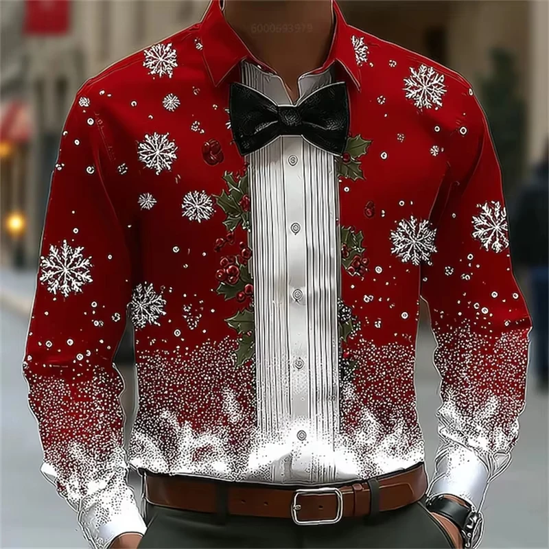 2026 moda masculina floco de neve gravata impressão lapela camisa manga longa botão até outono inverno festival natal edição premium