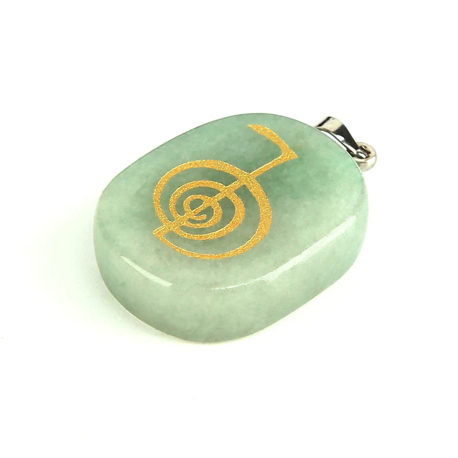 Natural Green Aventurine Reiki Amulet Pendulum Healing Master Prop Chakra Four Element Symbol Energy Stone Pendant Necklace