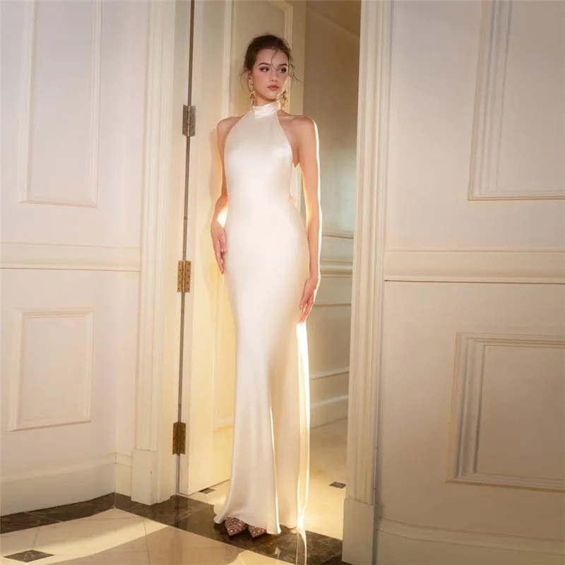 

SWTGALS French Style Pure Desire Elegant Simple Halter Neck Backless Slim Fit Long Dress Light Luxury Retro Slimming Dress