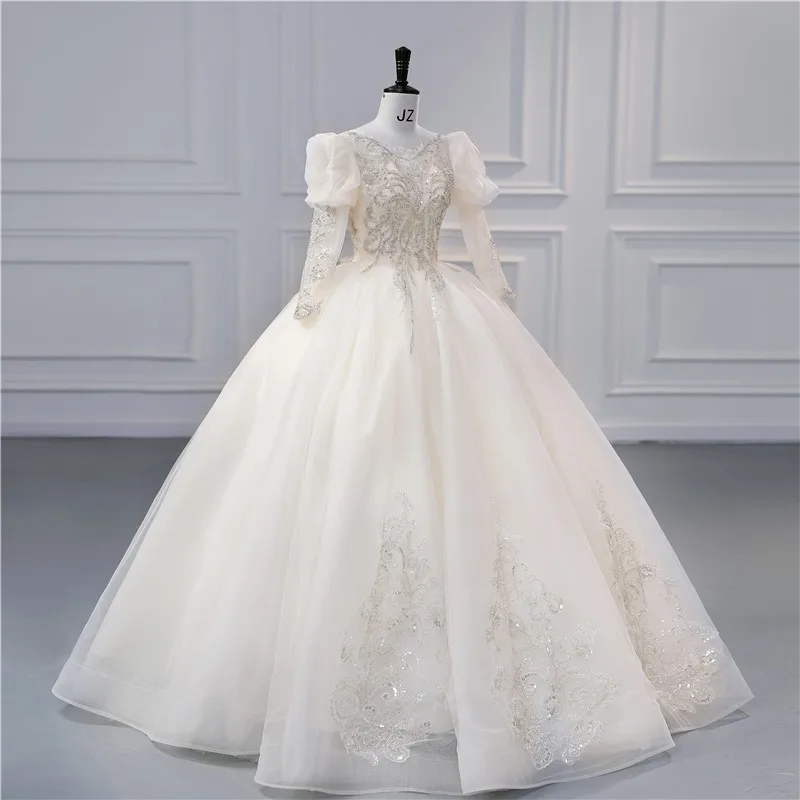 Langarm Brautkleider neue vestido de noiva klassische Champagner Ballkleid süße Puff ärmel Prinzessin Robe de Mariee