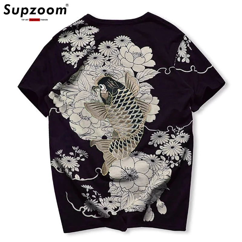 Supzoom 2022 New Arrival O-neck Floral T Shirt Men Hip Hop Tshirt Original Summer Heavy Embroidery Carp Loose Man Cotton Short