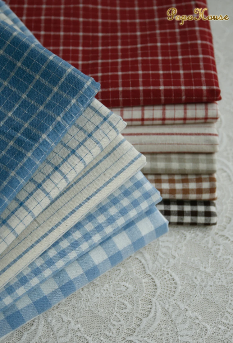 140x50cm Vintage Red Linen Grid Striped Woven Cotton Fabric for Japanese Style Tablecloth Dress Bag Cloth