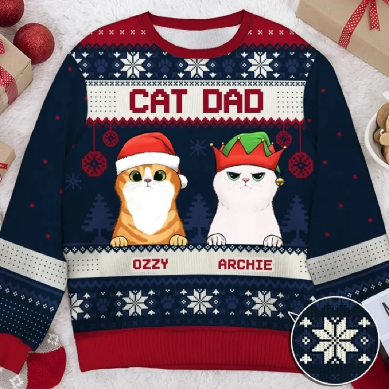 Three Cats Christmas Unisex Ugly Sweater Pullover 3D Printing Men\'s Knitted Apparel Plus Size Sweatshirt Casual Long Sleese