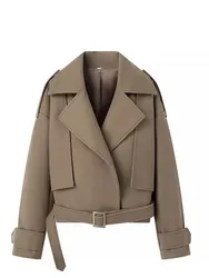 HH Fashion Vintage New Women Casual Outerwear Long Sleeve Belt decoration Loose lapel woolen Coat Button-up Chic Tops