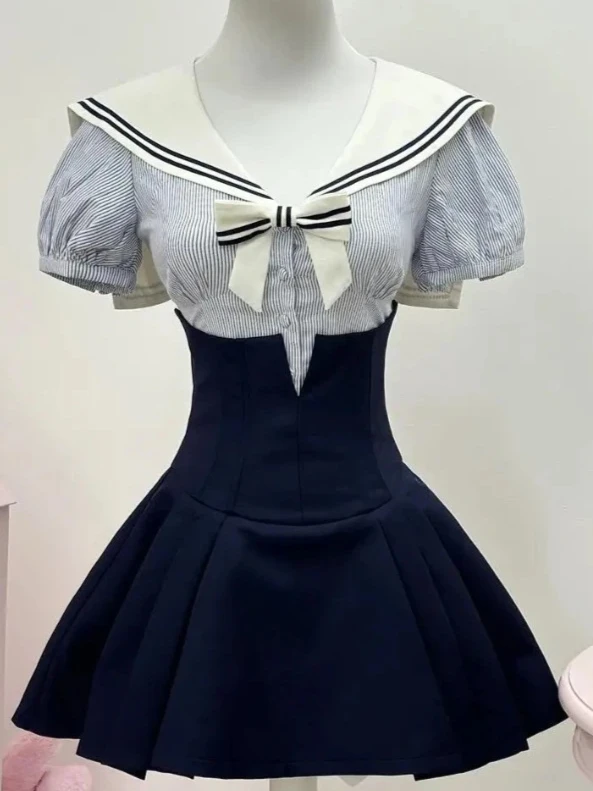 Süße Kawaii Elegante Frauen 2-teilige Sets Y2k Retro Bogen Tops Minirock Anzug Weibliche Slim Fit Chic Koreanische Kleidung 2025 Mode Neue