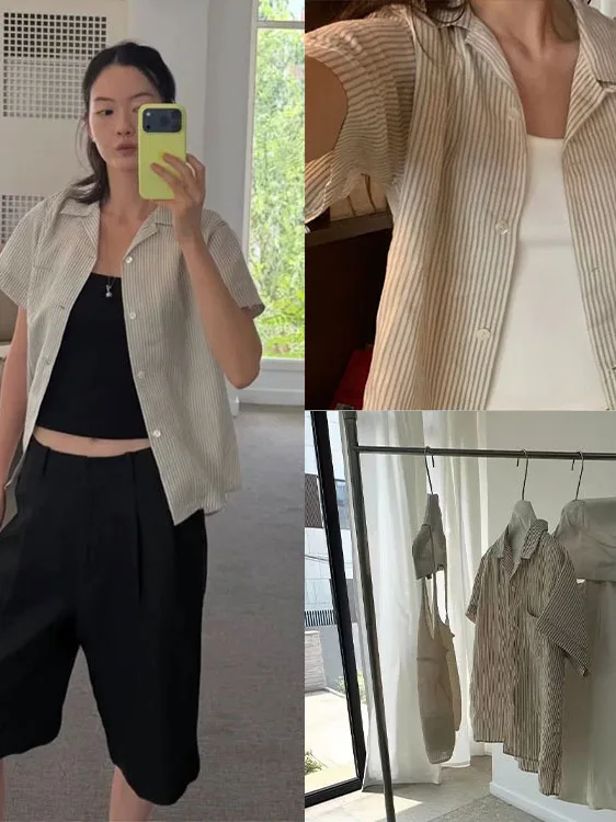 Casual Stripe Pattern Short Sleeve Shirt for Women Thin Flip Collar Loose Workwear Style Commute Shirt with Patch Pocket