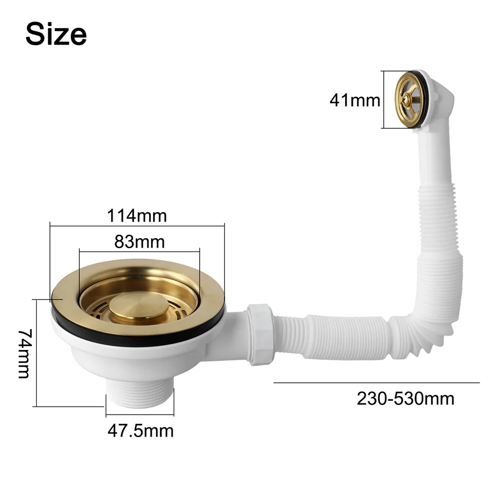 Drain Sink Downcomer 114MM Gold-Plated Strainer With Overflow Anti Clogging For A 45.2mm(G1-1/2