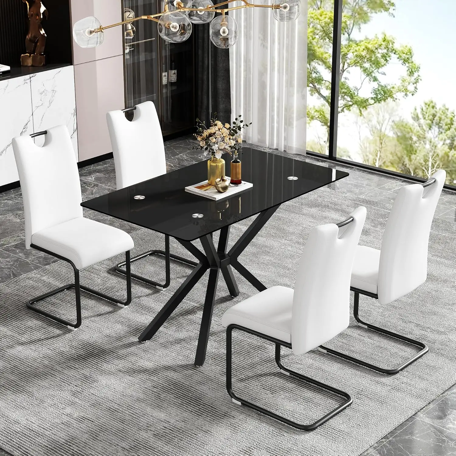47.24"" Glass Dining Table For 4, Dining Room Table With Black Tempered Glass And Black Metal Legs, Modern Rectangular Kitchen