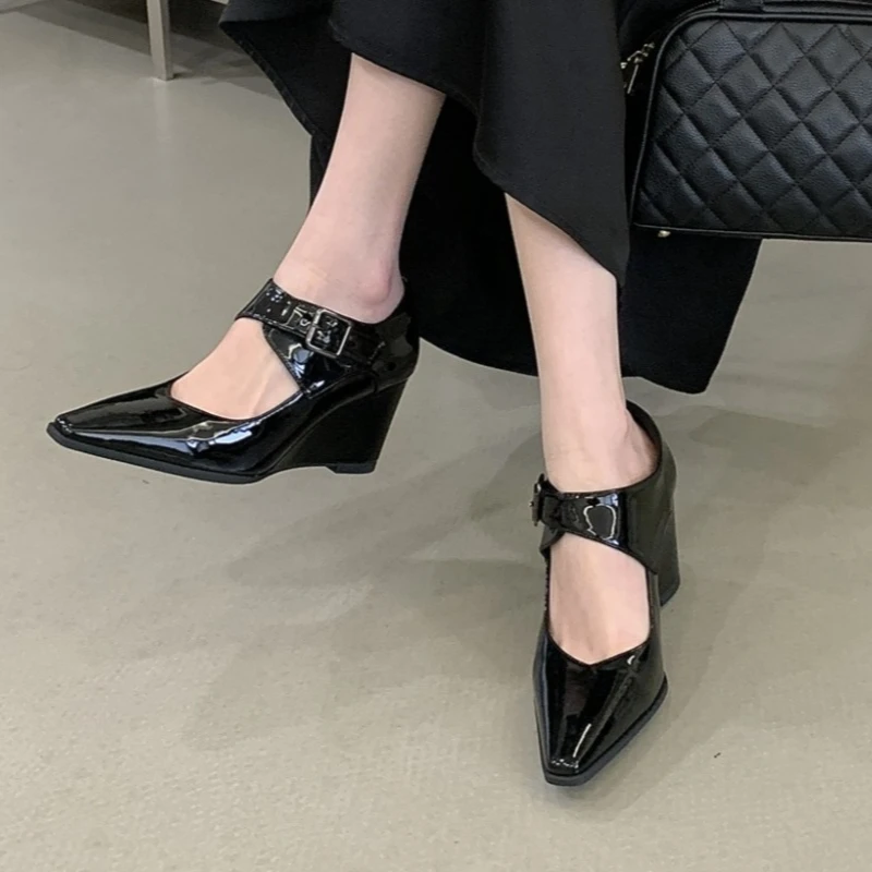 

Women's Pointed Toe Patent Leather Buckle Strap Wedge Heel Mary Jane Pumps Elegant Office Footwear Drop Shipping Shoes Ladies