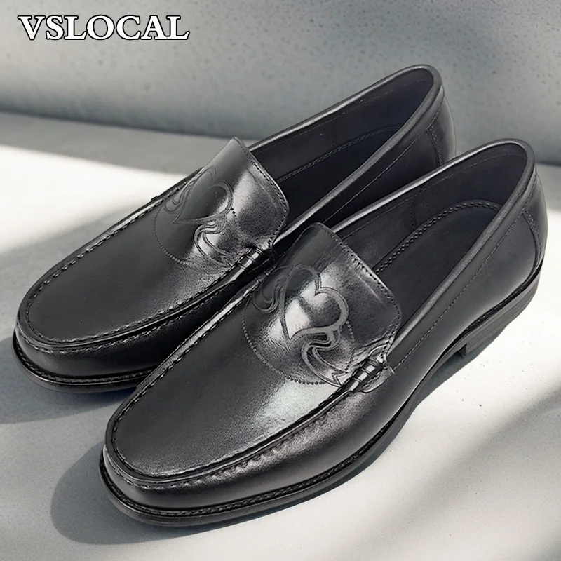 

Luxury Men Love Print Shoes Black Slip On Casual Mens Dress Shoes Wedding Party Banquet Genuine Leather Loafers For Man