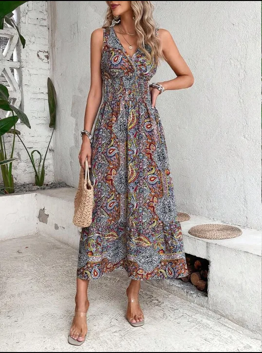 Fashion Sleeveless Maxi Boho Dress Women 2024 Summer Print Elastic Waist Bohemian Elegant Tank Long Dresses For Women Robe Femme