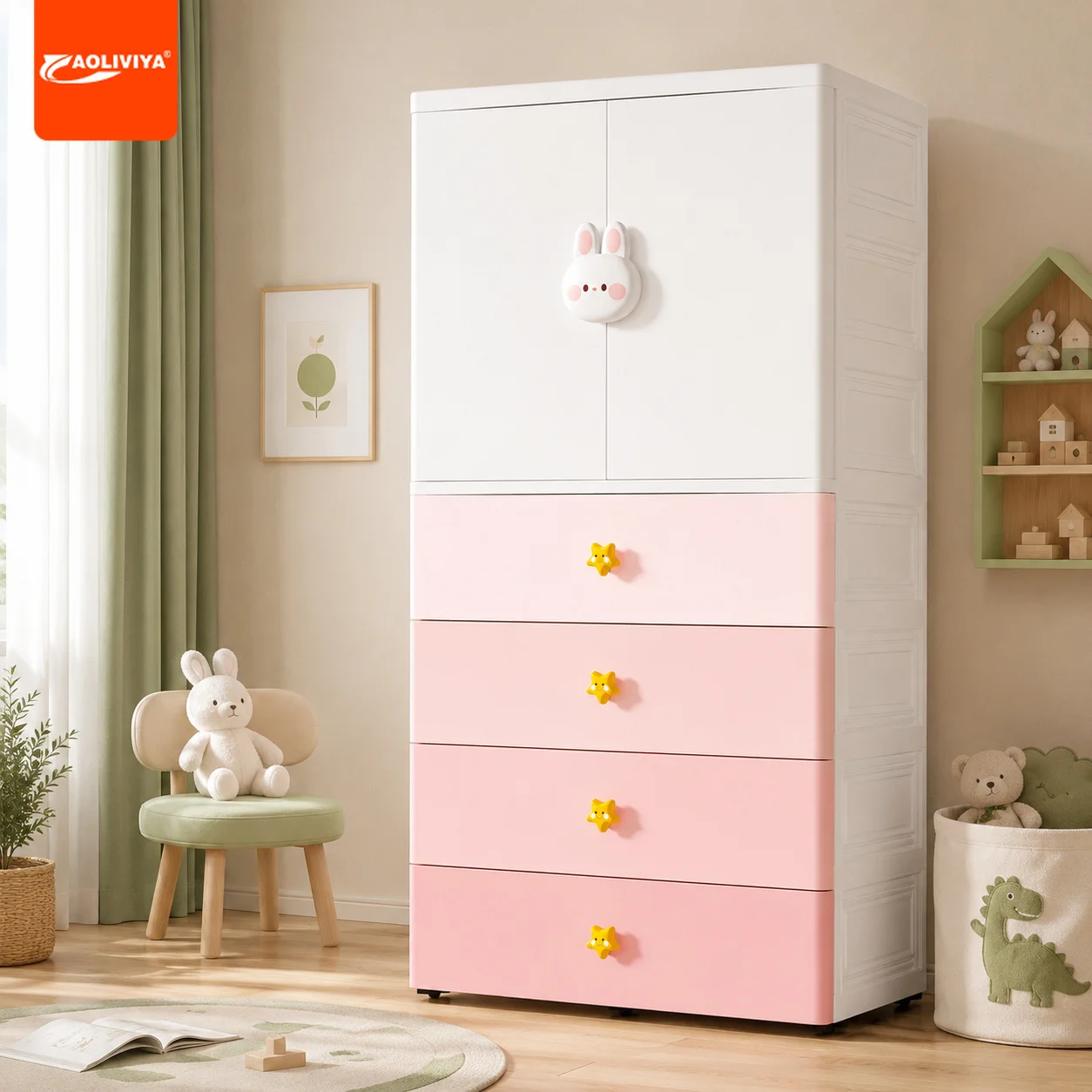 AOLIVIYA Extra Large Double Door Children's Wardrobe Baby Toy Clothes Cabinet Drawer Type Bedroom Finishing Storage Cabinet