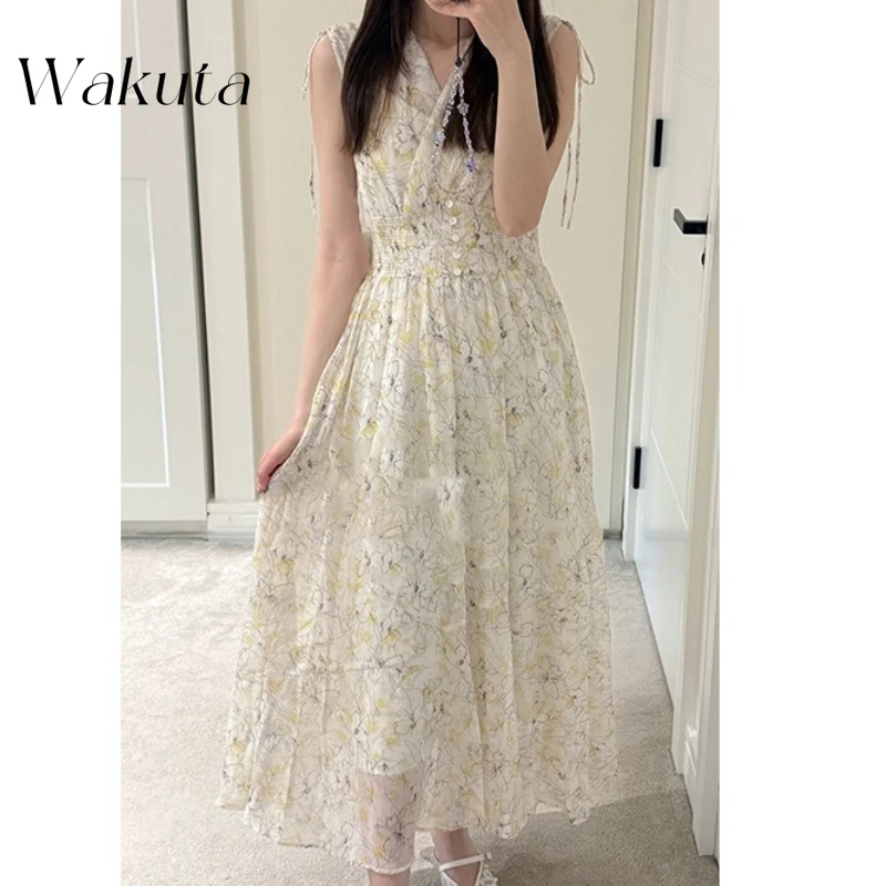 

WAKUTA Fairy Sweet Fresh V Neck Vestidos Drawstring Print Stretch Waist Mid-length Fairy Dress Japan Elegant Slim Big Swing Robe