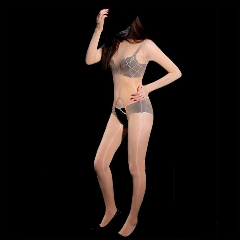 

8D Oil Shiny Long Sleeve Full Body Stockings Female Erotic Cosplay Costumes Sexy Transparent Zipper Crotch Catsuit Bodysuit