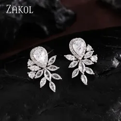 ZAKOL Exquisite Water Drop Geometric Cubic Zirconia Leaf Shape Earrings for Women Charm Fashion Bridal Wedding Jewelry