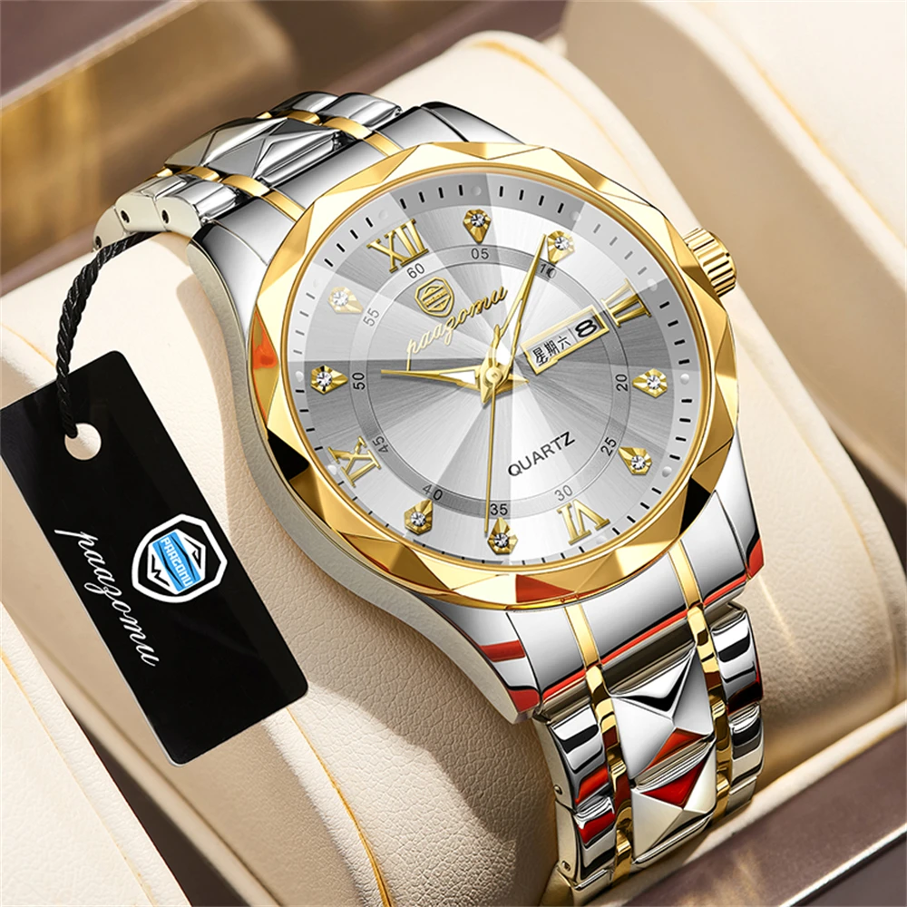 PAAZOMU Top Brand Luxury Man Wristwatch Waterproof Luminous Date Week Men Watches Stainless Steel Quartz Men's Watch Male reloj