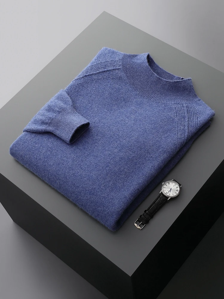 Autumn Winter Men Cashmere Sweater Basic Raglan Sleeve Mock Neck Pullover 100% Pure Cashmere Knitted Smart Casual Solid Soft Top