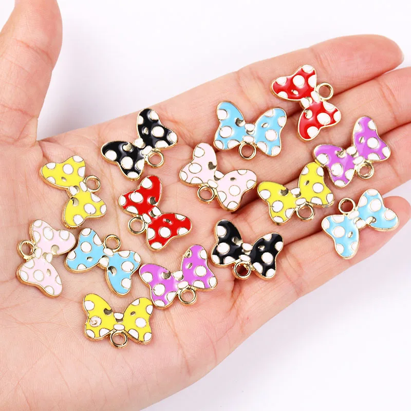 10pcs 18*13mm Colourful Polka Dot Bow Pendant Enamel Drip Oil Cute Charms for Jewellery Making Accessories DIY Necklace Bracelet