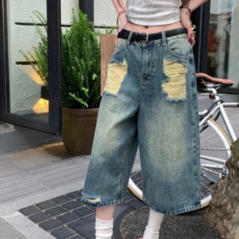 Blue Ripped Denim Shorts Women American Retro Couple Trousers Niche Design Raw Edge Straight Fashion Casual All-match Cool Girls