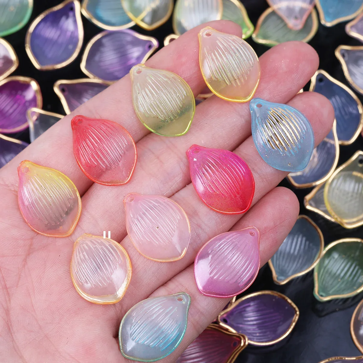 About 310/465pcs Random Color 15*22mm Acrylic Petal Loose Parts, Golden Edge Spacer Components for Handicraft DIY Creative Decor
