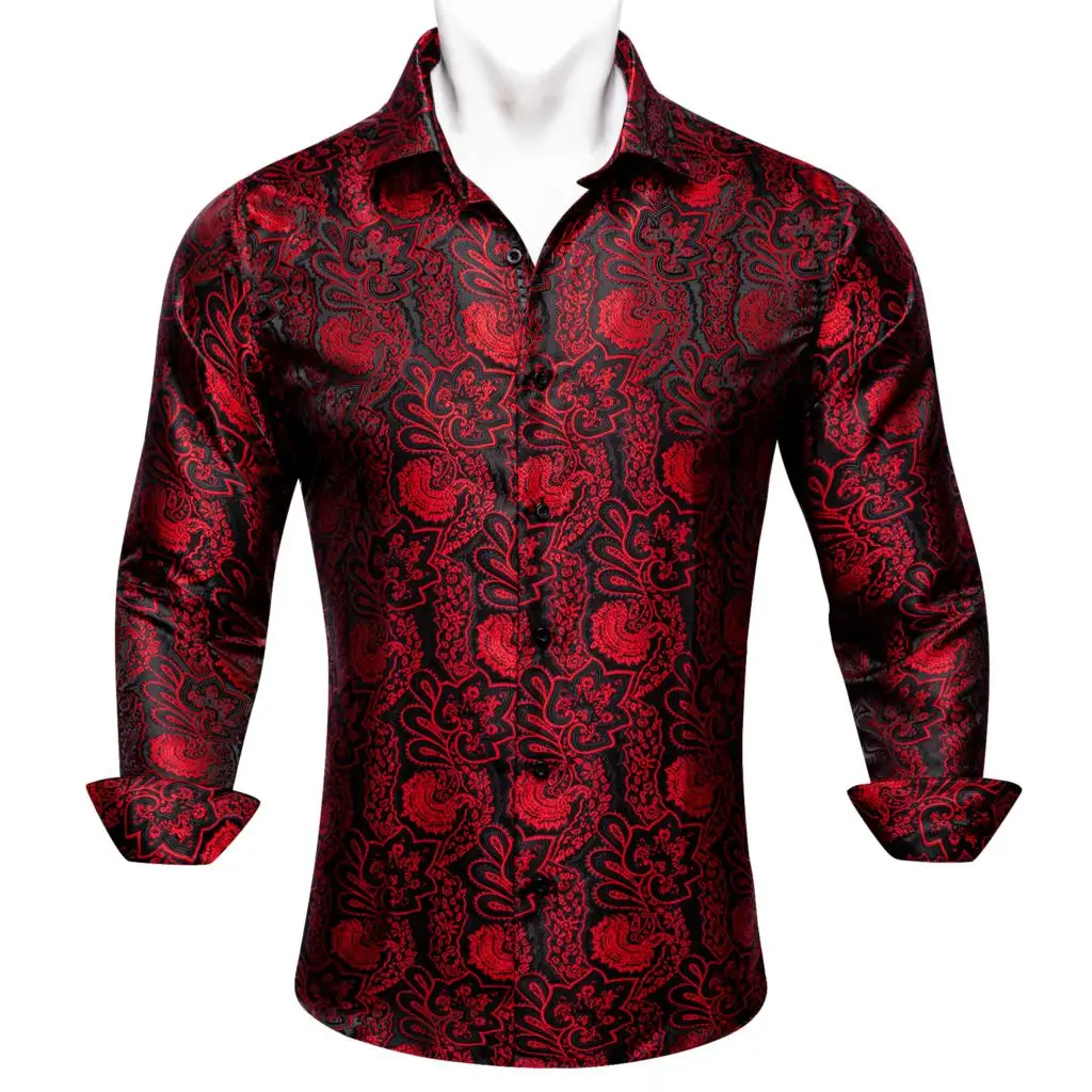 Designer Shirts for Men Silk Long Sleeve Red Black Floral Paisley Embroidered Slim Fit Male Blouses Casual Tops Barry Wang