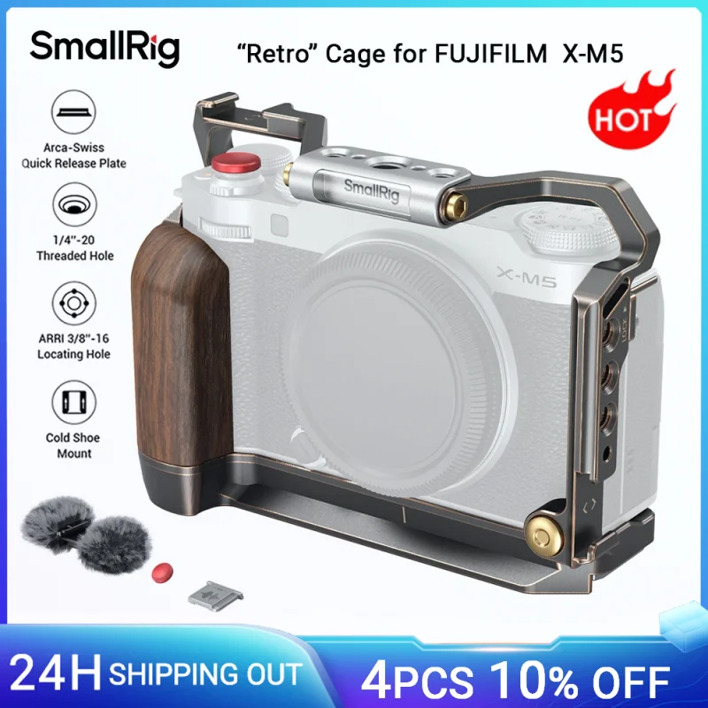 SmallRig X-M5 “Retro” Camera Cage for FUJIFILM  X-M5 with Wooden Handgrip Shutter Release Button Hot Shoe Cover Windshield -4892