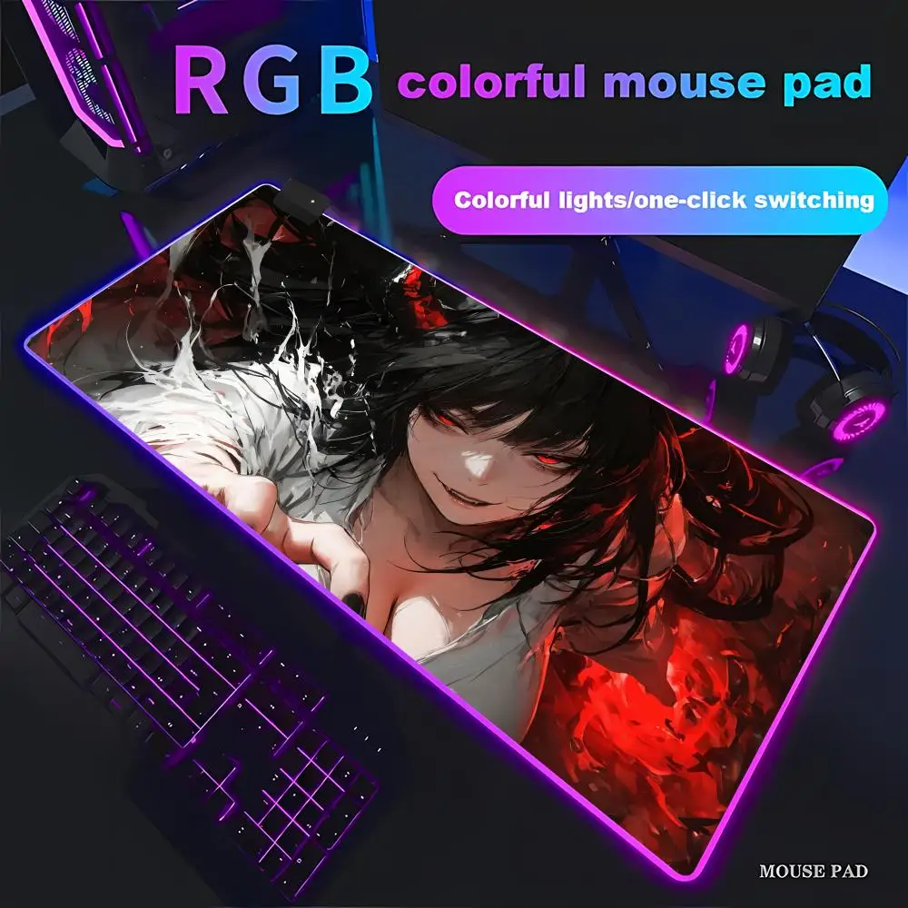 HYBXAXC Dark Devil Horn Red Eyes Anime Girl Large Extended Gaming RGB Gaming Mouse Pad HD Gamer LED Light PC Computer Non-slip